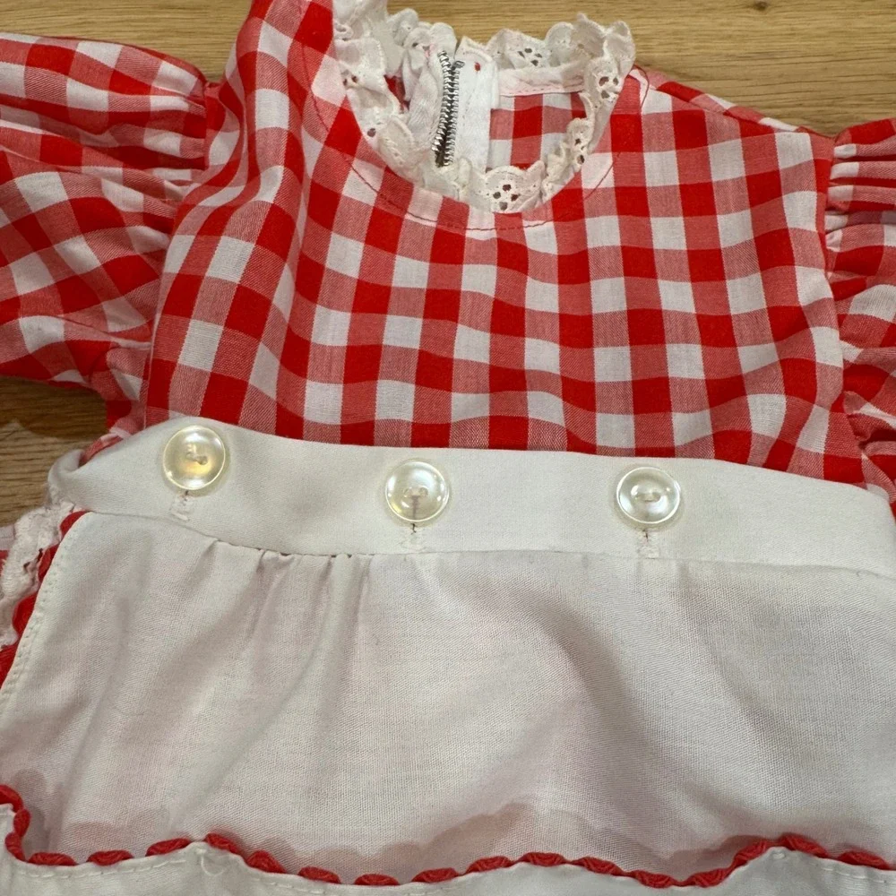 Vintage 90s Red Gingham Baby Dress w Detachable Apron Lace Trim Red White 12-18M